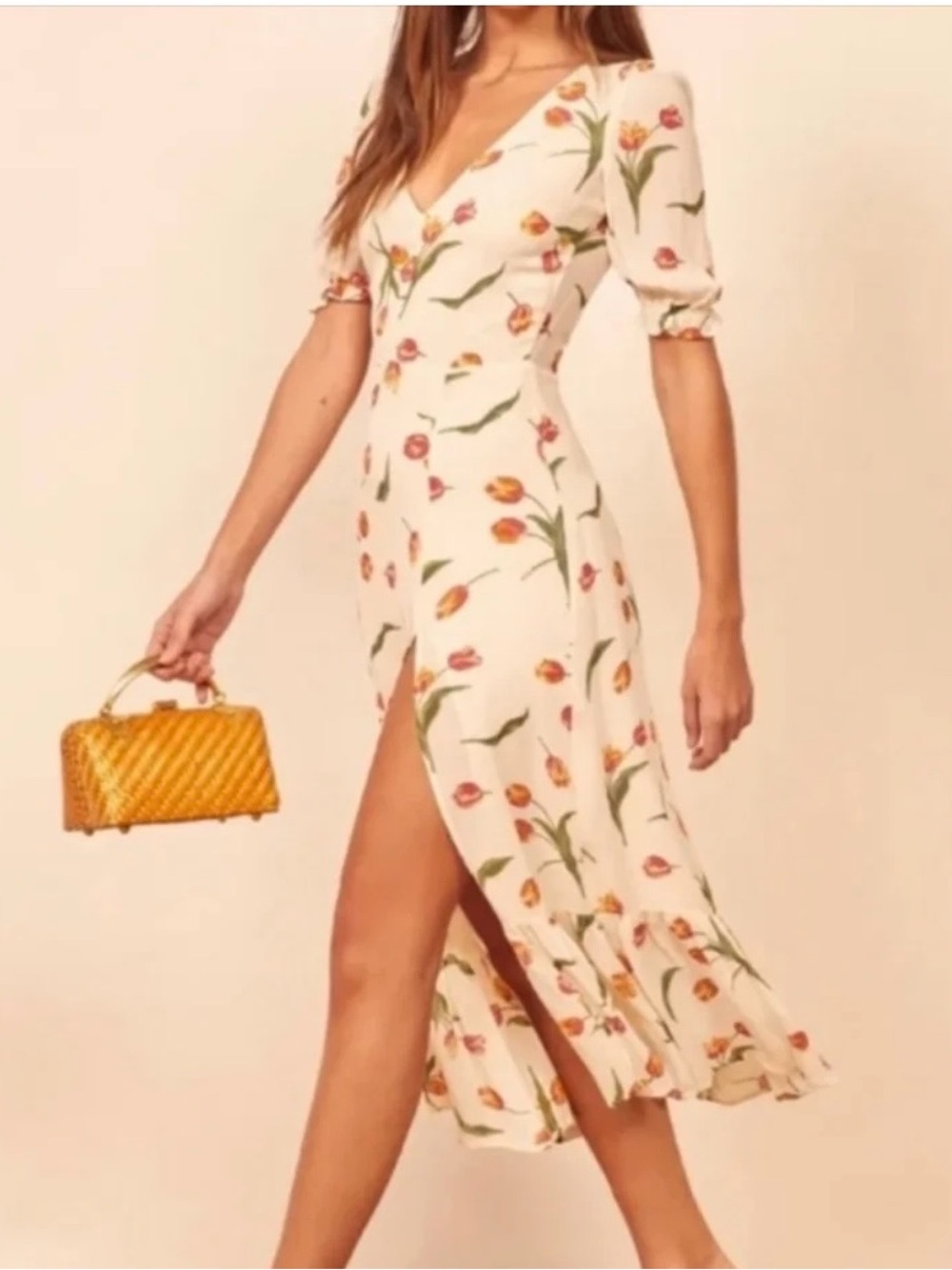 Reformation Nantes Cream Midi Dress with Pink and Yellow Tulip Print